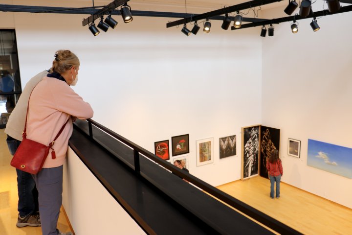 Two people lean over a railing in an art gallery, observing artwork displayed on the lower level. The gallery features framed art pieces on white walls with focused lighting from track lights above. One person on the ground level views the art up close.